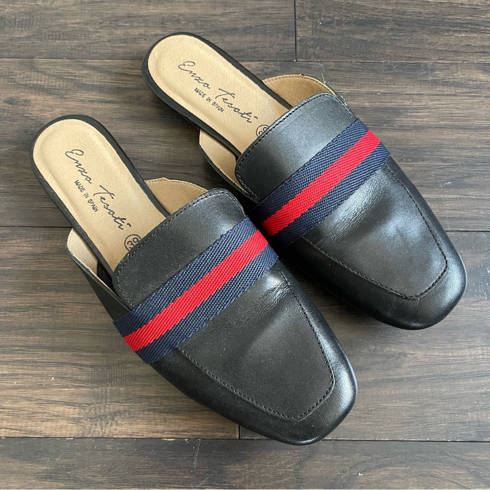 Enzo Tesoti Black Leather Mules Navy & Red Cloth for Strap